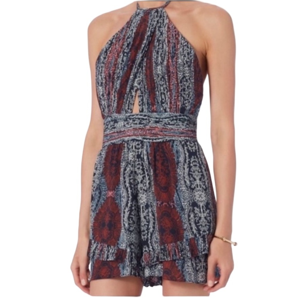 INTERMIX One-Shoulder Paisley Mini Dress in Navy & Rust